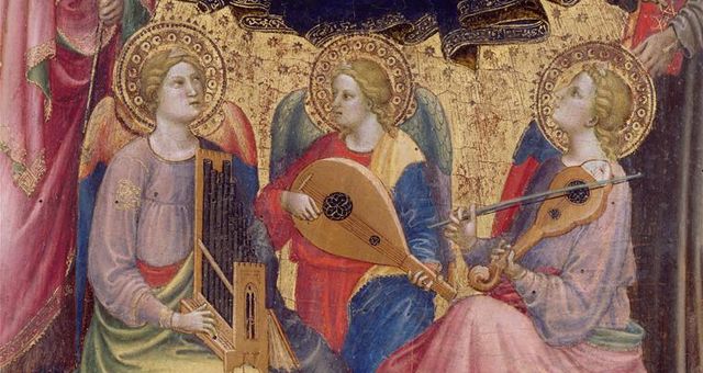 Détail du tableau : La Vierge et l'Enfant avec quatre saints et trois anges musiciens - Mariotto di Nardo (connu de 1393 à 1424) - Photo (C) RMN-Grand Palais / René-Gabriel Ojeda