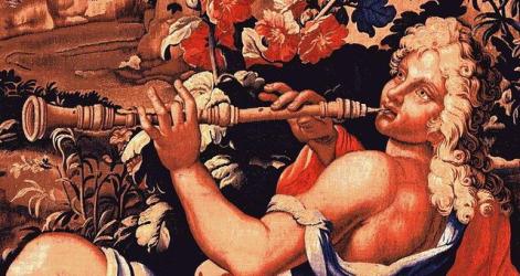 Le hautbois de « La Danse des Nymphes », détail de la tapisserie de la Manufacture des Gobelins, XVIIe siècle, Hôtel de Bourvallais, Paris.