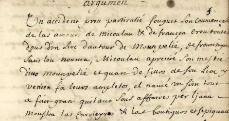 Extrait du livret "l'Opéra de Frontignan" attribué à Nicolas Fizes, considéré comme le premier opéra rédigé en occitan - occitanica.eu