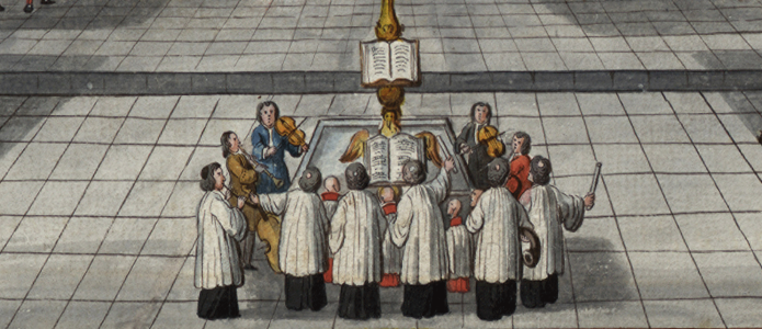 Dessin de plusieurs musiciens et choristes autour d'un lutrin.